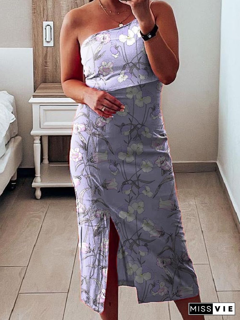 Printed Satin Elegant Fitted One-Shoulder Long Slit Dress