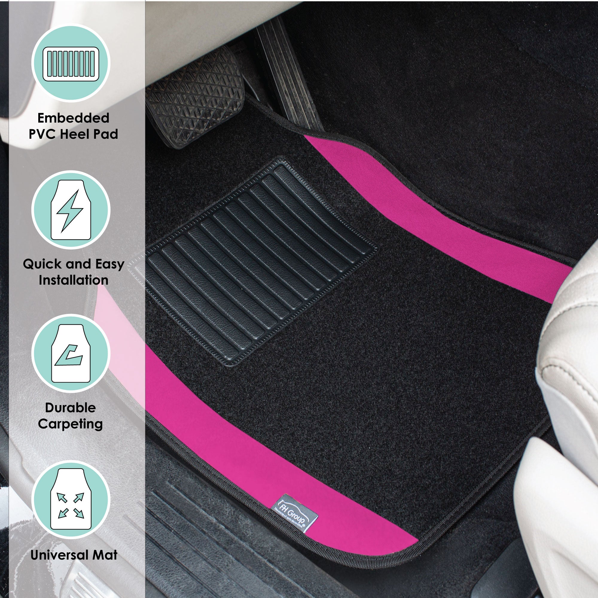 FH Group Premium Carpet Floor Mats For Car， SUV， Van  Universal Fit with Free Gift - Full Set Pink F14407PINK-FH1007BLACK