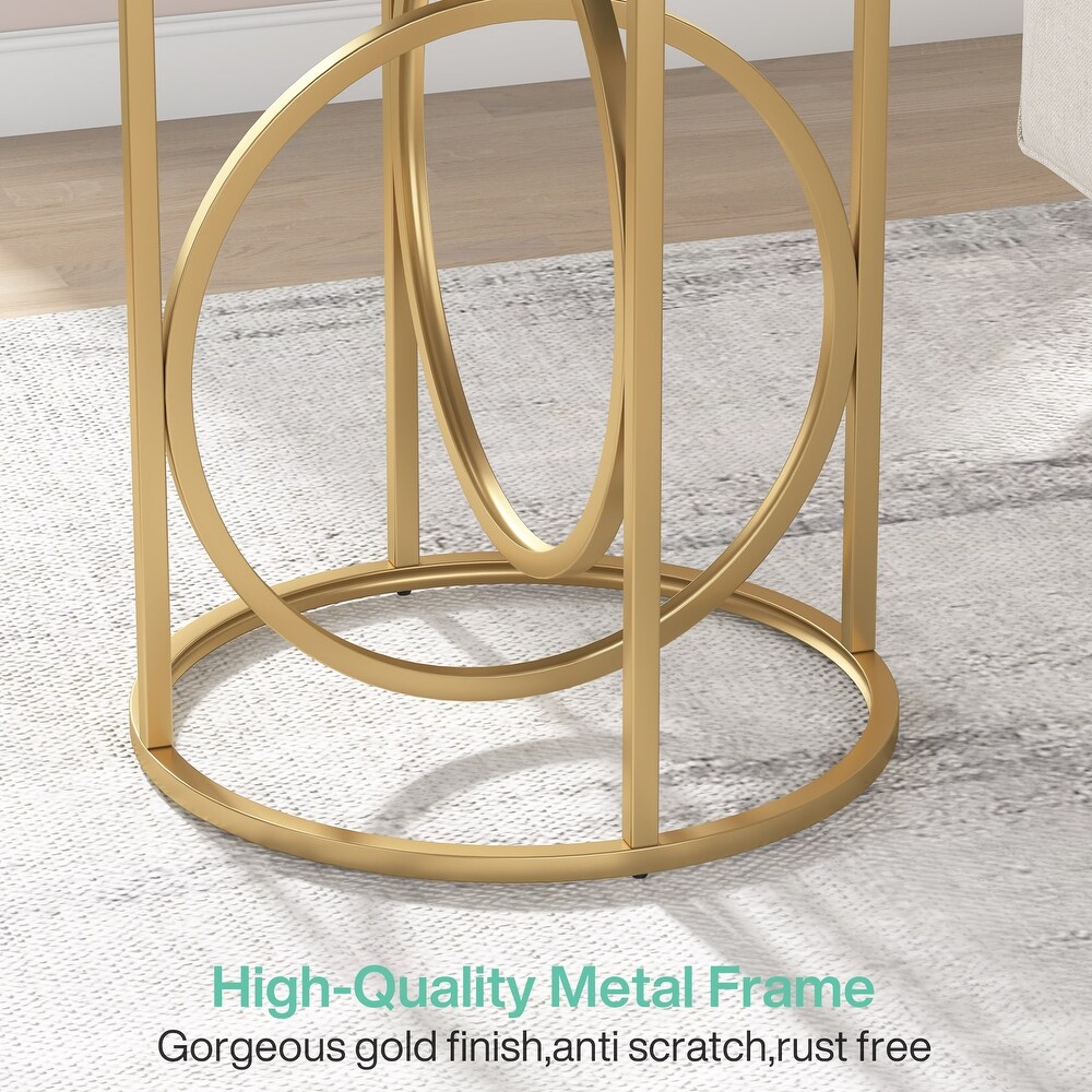 20 in. Marble Black Round Wood End Table with Gold O shaped Base