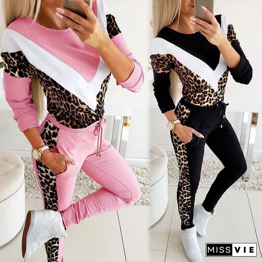 Plus Size Women's Long-Sleeved Leopard Printed Two Piece Outfits Print Colorblock Top & Drawstring Pants Set Sport Suits