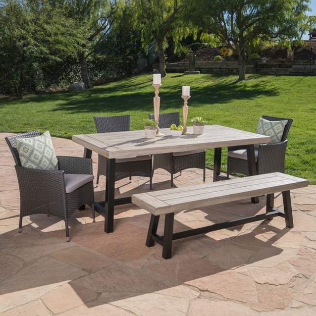 Linden 6pc Acacia Wood amp Wicker Patio Dining Set Gray Christopher Knight Home