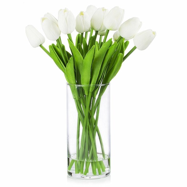 Enova Home Artificial Real Touch Tulips Fake Silk Flowers Arrangement in Clear Glass Vase with Faux Water for Home Decoration