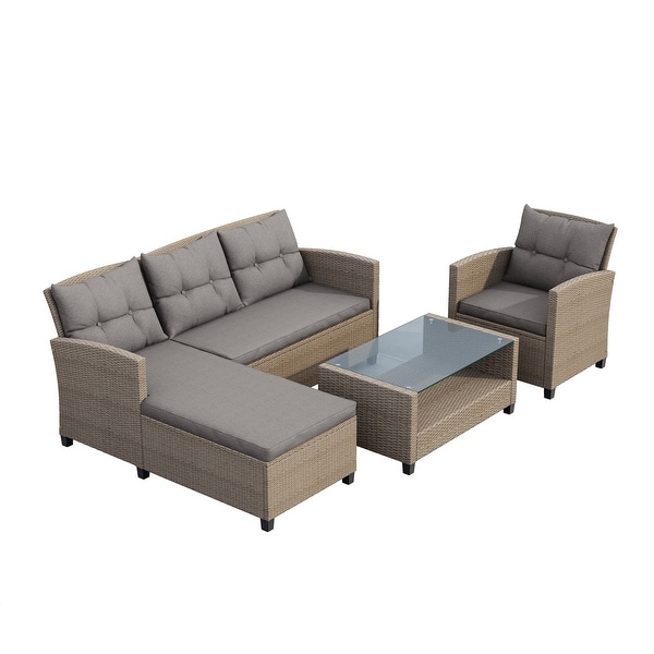 4 Piece Outdoor Patio Furniture Sets，Conversation Set Wicker Ratten Sectional Sofa with Seat Cushions(Beige Brown)