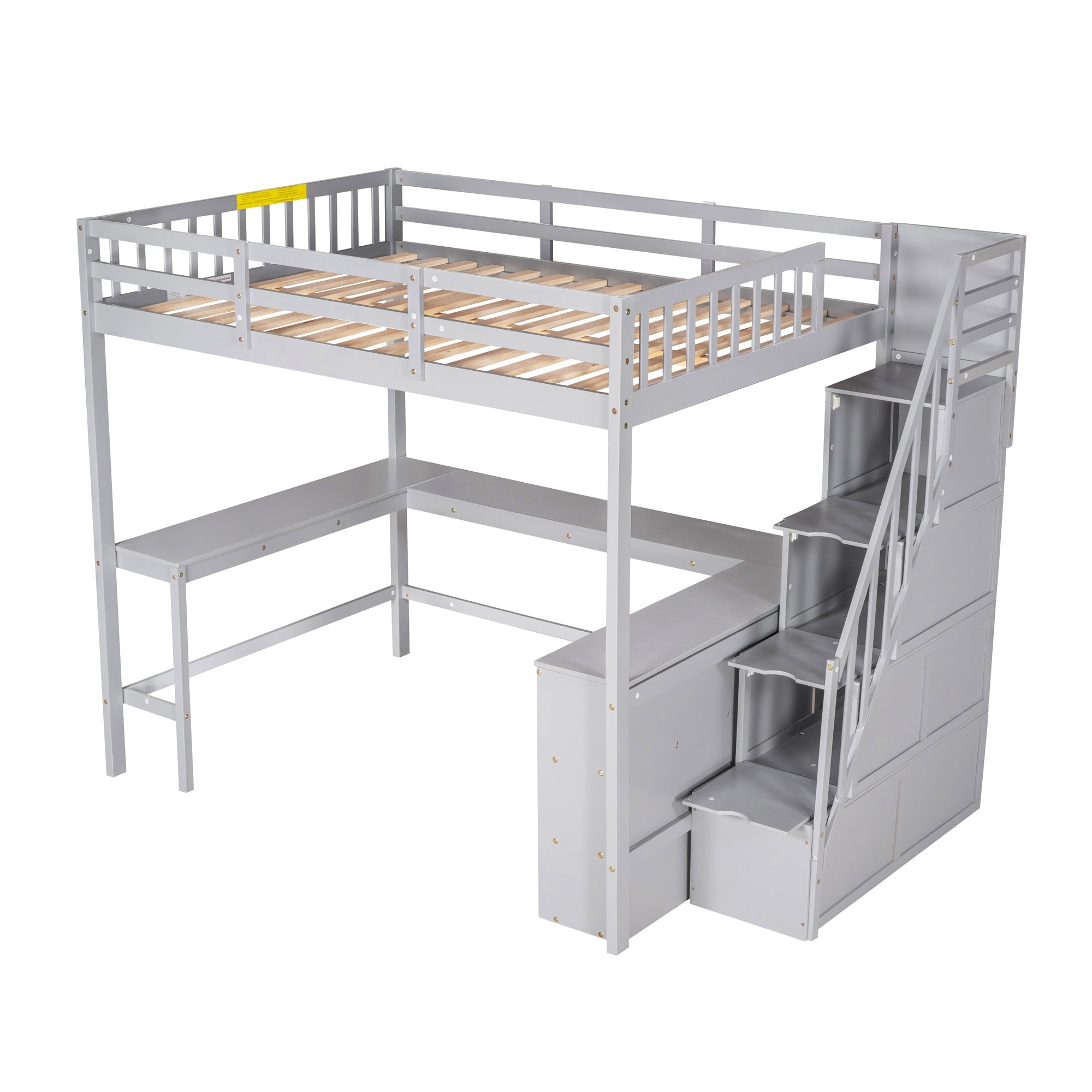 Wood Full Loft Bed with Desk, Shelf and Storage Staircase for Kids, Gray