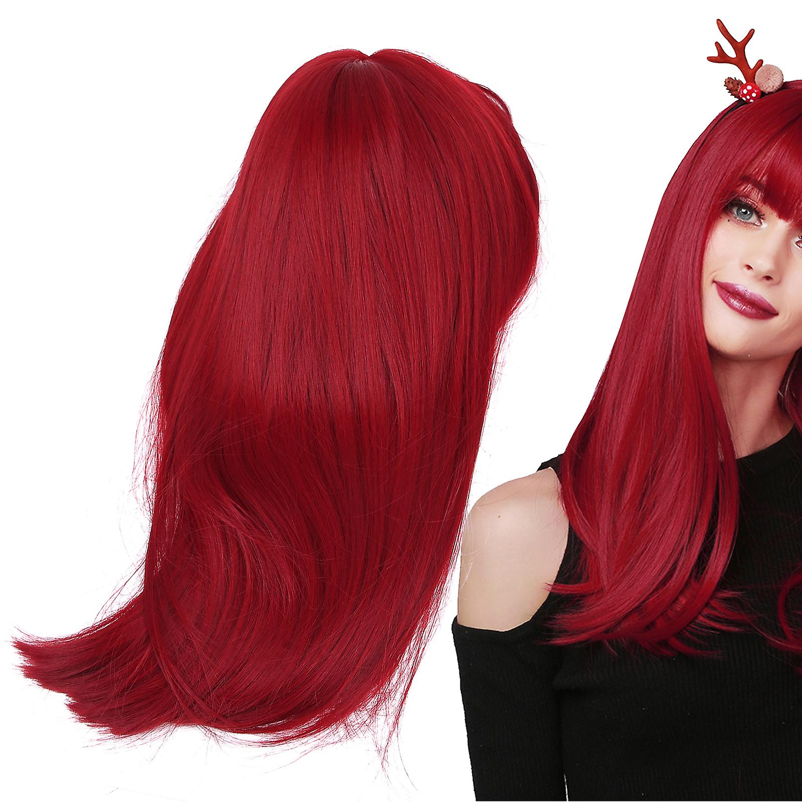 Red Long Straight Wig High Temperature Fiber Fake Hair With Straight Bang For Women 47cm