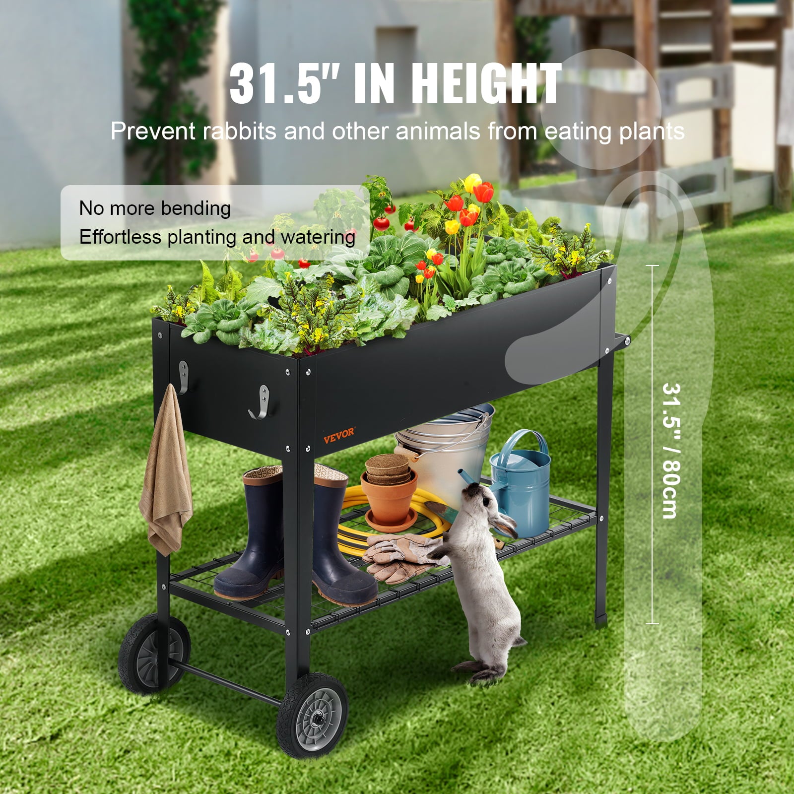 BENTISM Raised Garden Bed, 42.5 x 19.5 x 31.5 inch Galvanized Metal Planter Box, Elevated Outdoor Planting Boxes with Legs