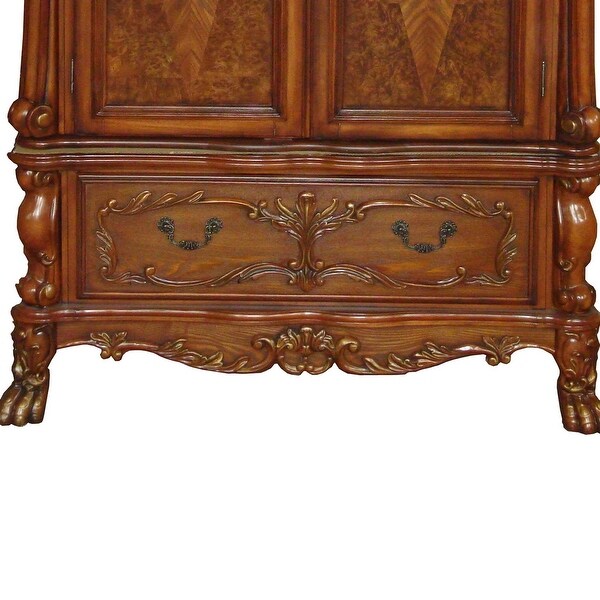 Wooden Armoire with Scrolled Motifs and Storage Space， Brown - - 31647434