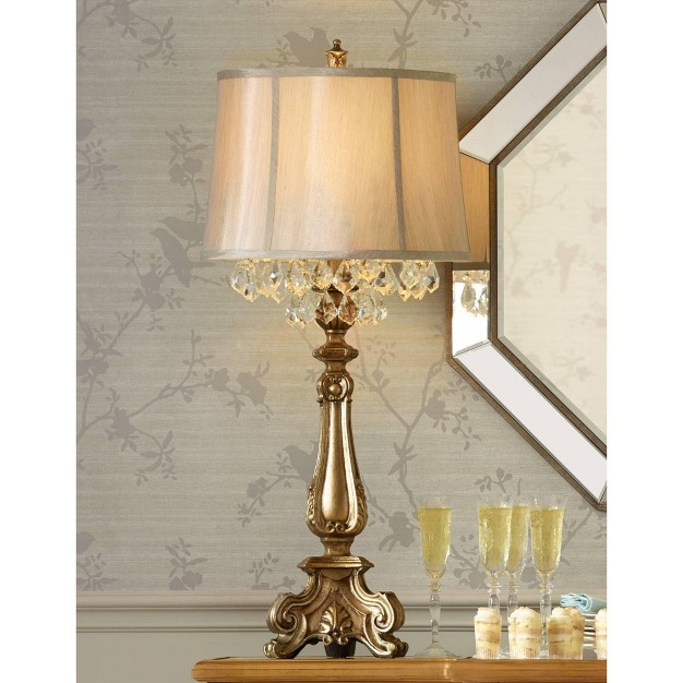 Tall Antique Gold Mist Gray Crystal Beading Drum Shade For Bedroom Living Room Bedside Nightstand