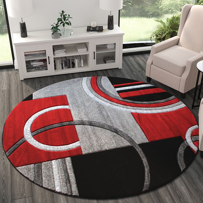 Masada Rugs Masada Rugs Sophia Collection 8'x8' Hand Sculpted Modern Contemporary Round Area Rug in Red， Gray， White and Black