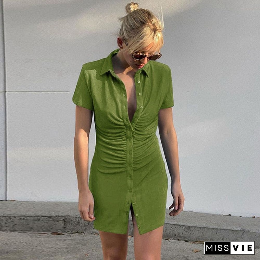 Sexy Mini Slim Dress Women Green Club Party Dress Turn-Down Collar Button Short Dresses Female Elegant Streetwear Shirt Vestidos