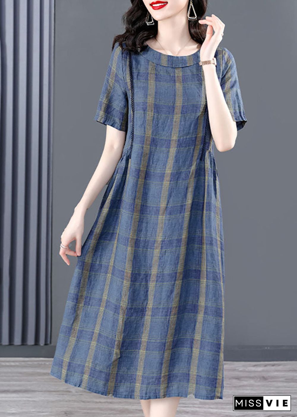 Elegant Blue O-Neck Plaid Wrinkled Pockets Cotton Cinch Dress Short Sleeve