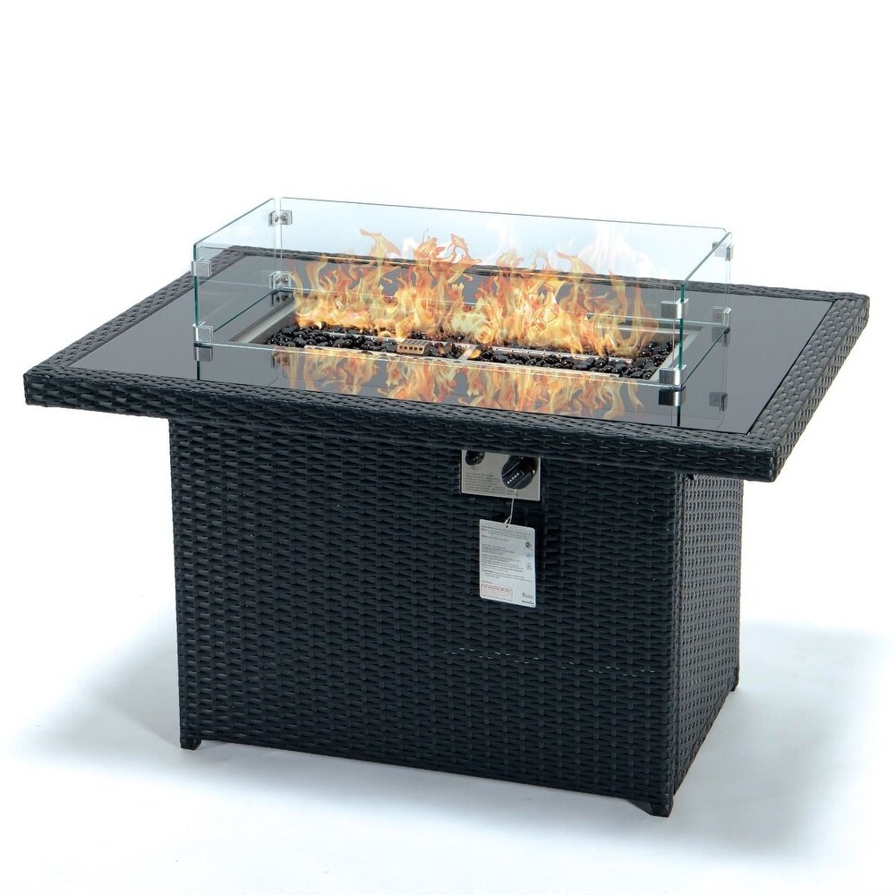 LeisureMod Mace Wicker Patio Propane Fire Pit Table   Lid   44\