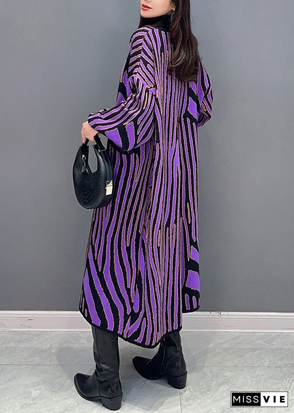 Women Purple Striped Pockets Patchwork Knit Long Cardigan Fall