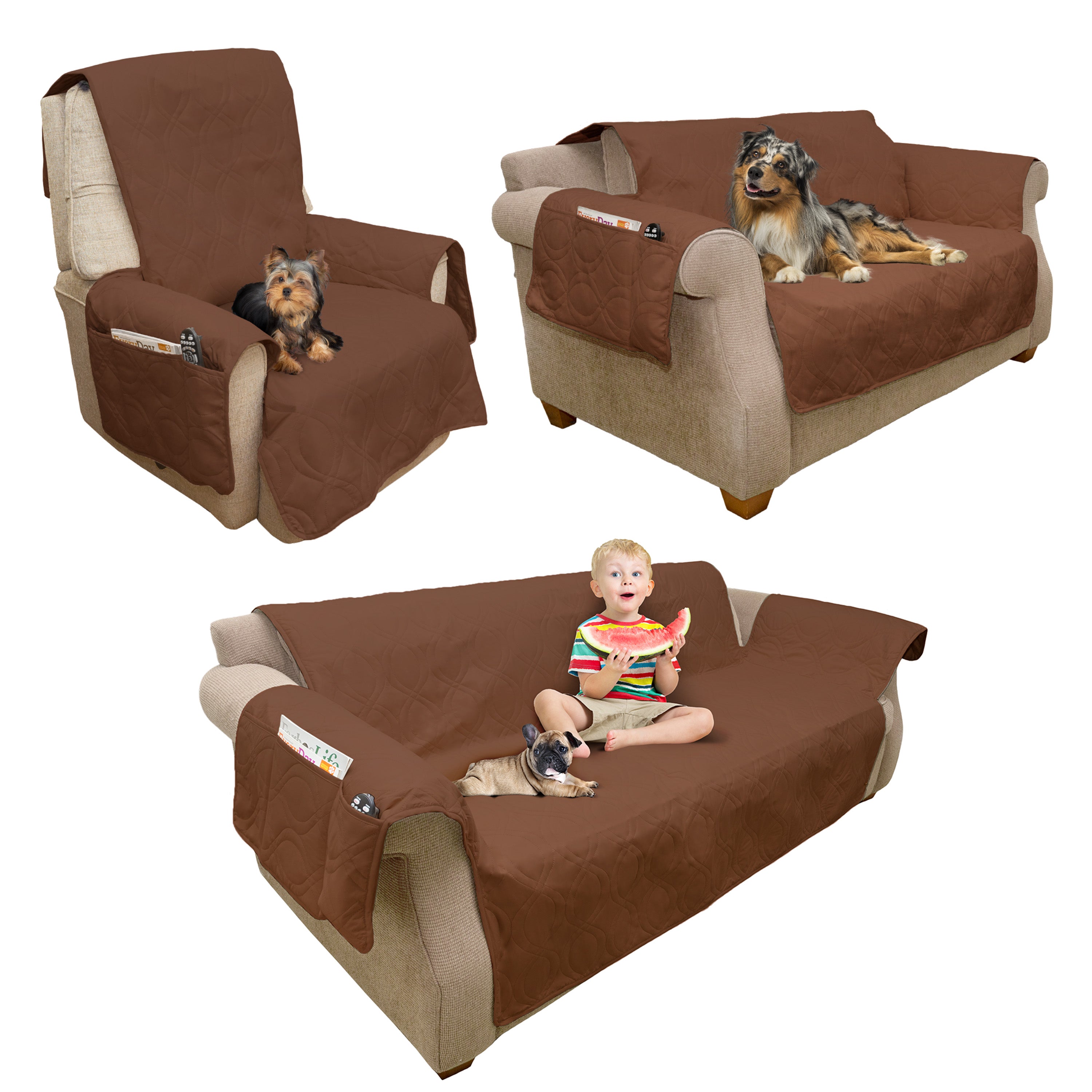 Pet Protector Furniture Covers - 100% Waterproof Recliner Chair Cover for Dogs or Cats – Storage Pockets and Non-Slip Straps by PETMAKER (Brown)