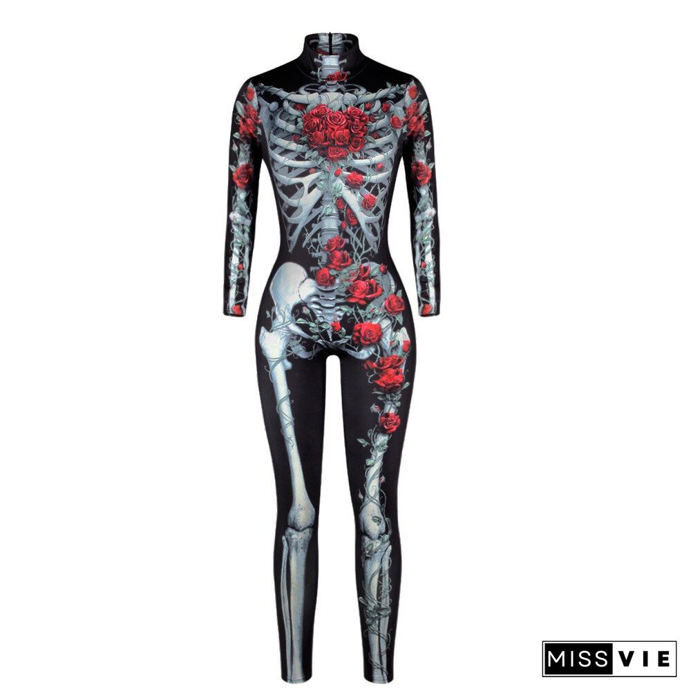 Halloween Adult Cosplay Bodysuit Scary Skeleton Costum Carnival Party Skull Print Long Sleeve Jumpsuit Slim Casual Pants