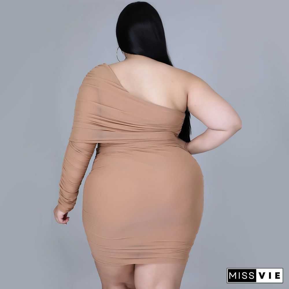 Plus Size Mesh Solid Single Sleeve Bodycon Dress