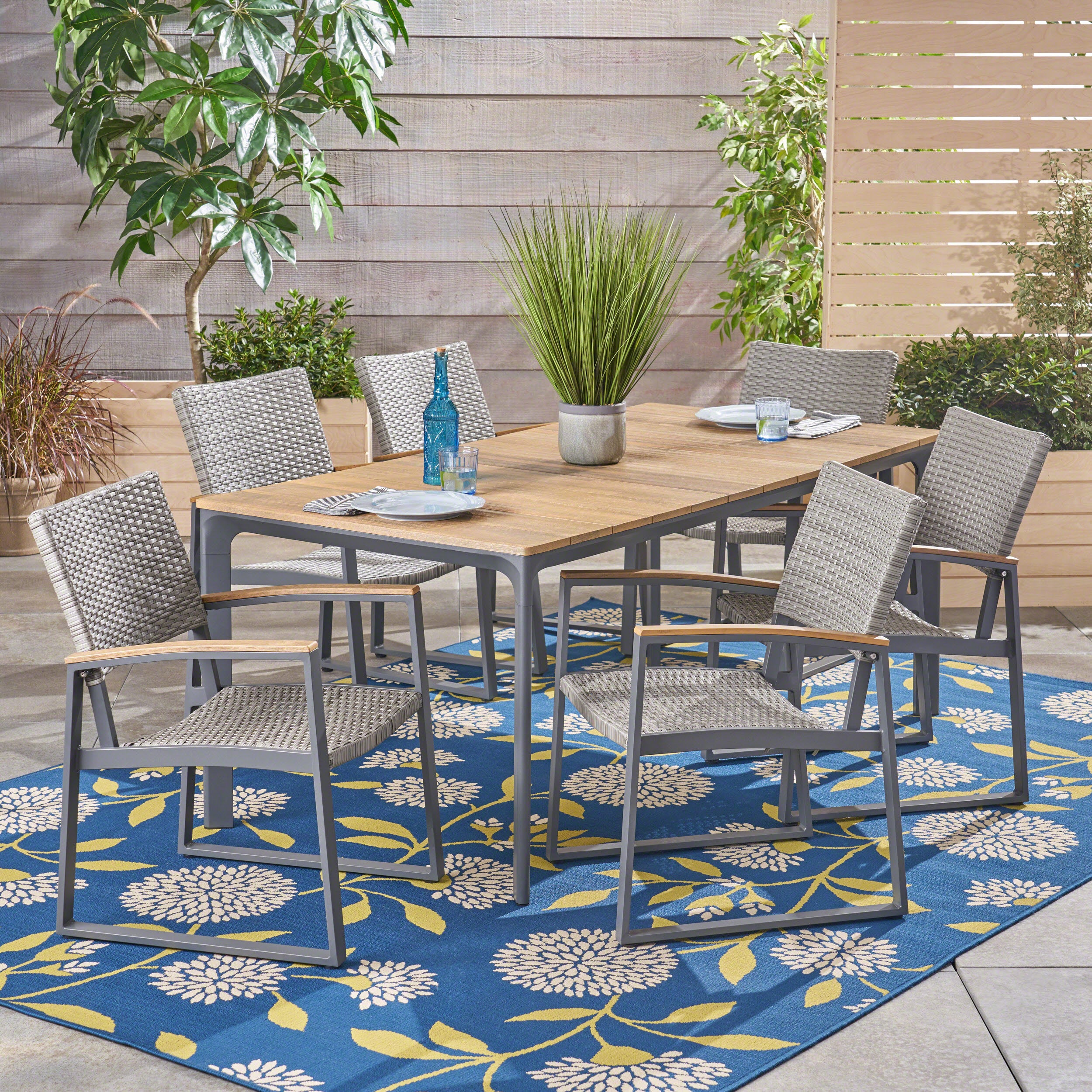 Jace Outdoor 7 Piece Aluminum & Wood Dining Set