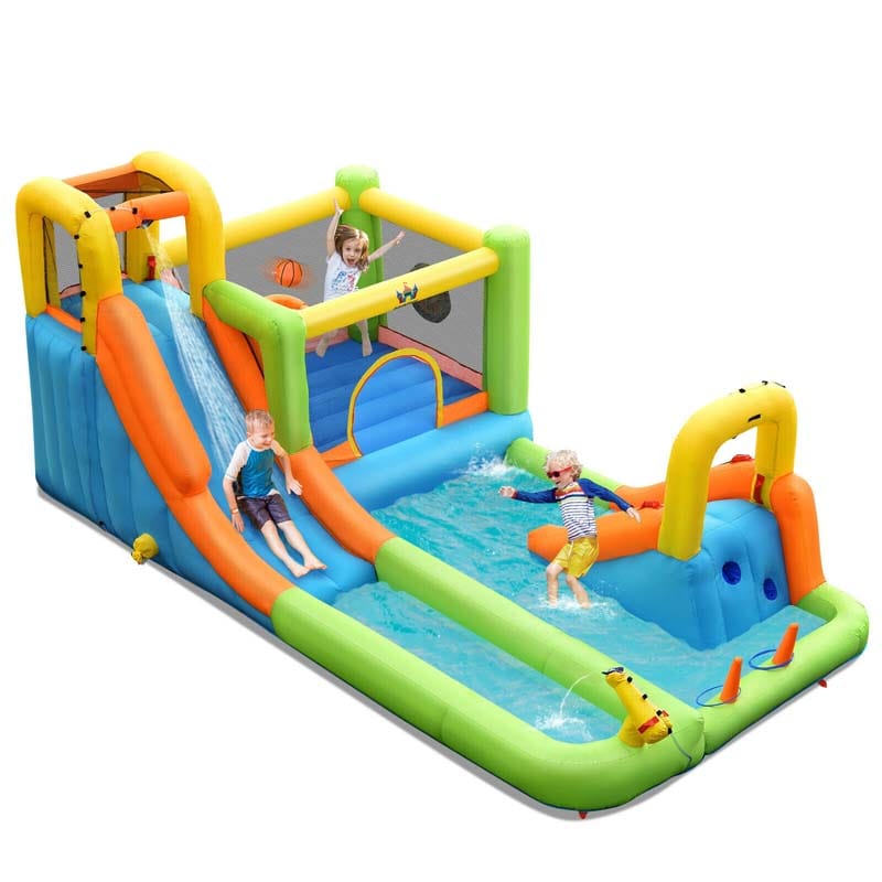 8-in-1 Giant Water Park Bounce House Inflatable Water Slide with Trampoline, Climbing Wall, Splash Pool, 735W Air Blower