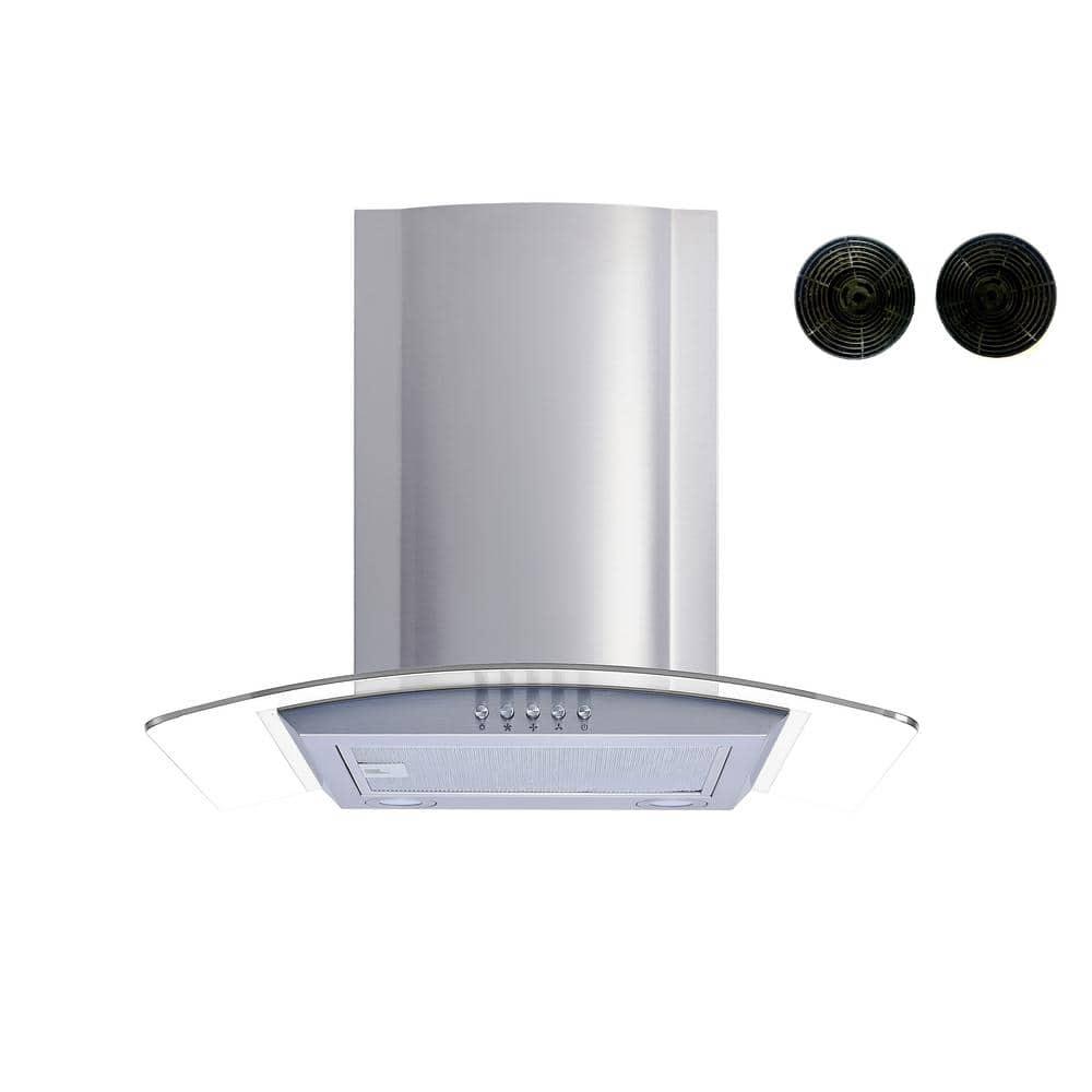 Winflo 30 in Convertible Glass Wall Mount Range Hood in Stainless Steel with Mesh and Charcoal Filters and Push Buttons