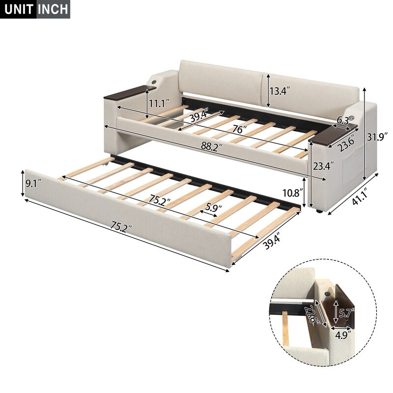 Twin Size Upholstery Daybed with Trundle and USB Design and Storage Arms Sofa Bed