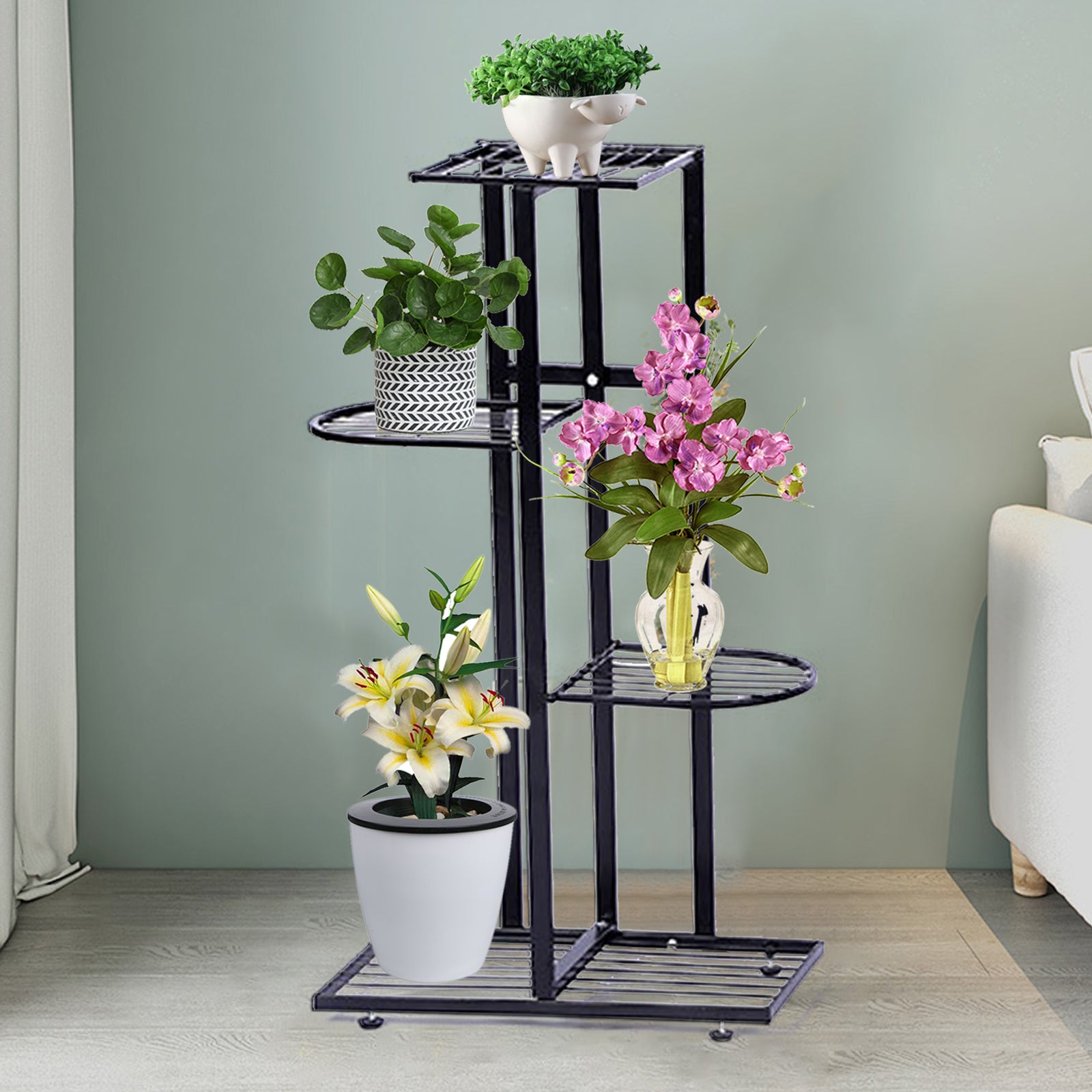 Miumaeov Metal Plant Stand 4 Tier 5 Pot Flower Holder Racks Garden Planter Rack Shelf Organizer for Indoor Outdoor Home Patio Lawn Garden Black