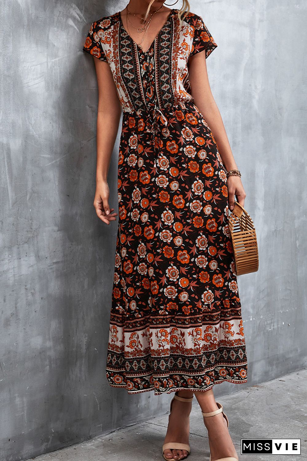 Floral Print Short Sleeve Long Dress Wholesale