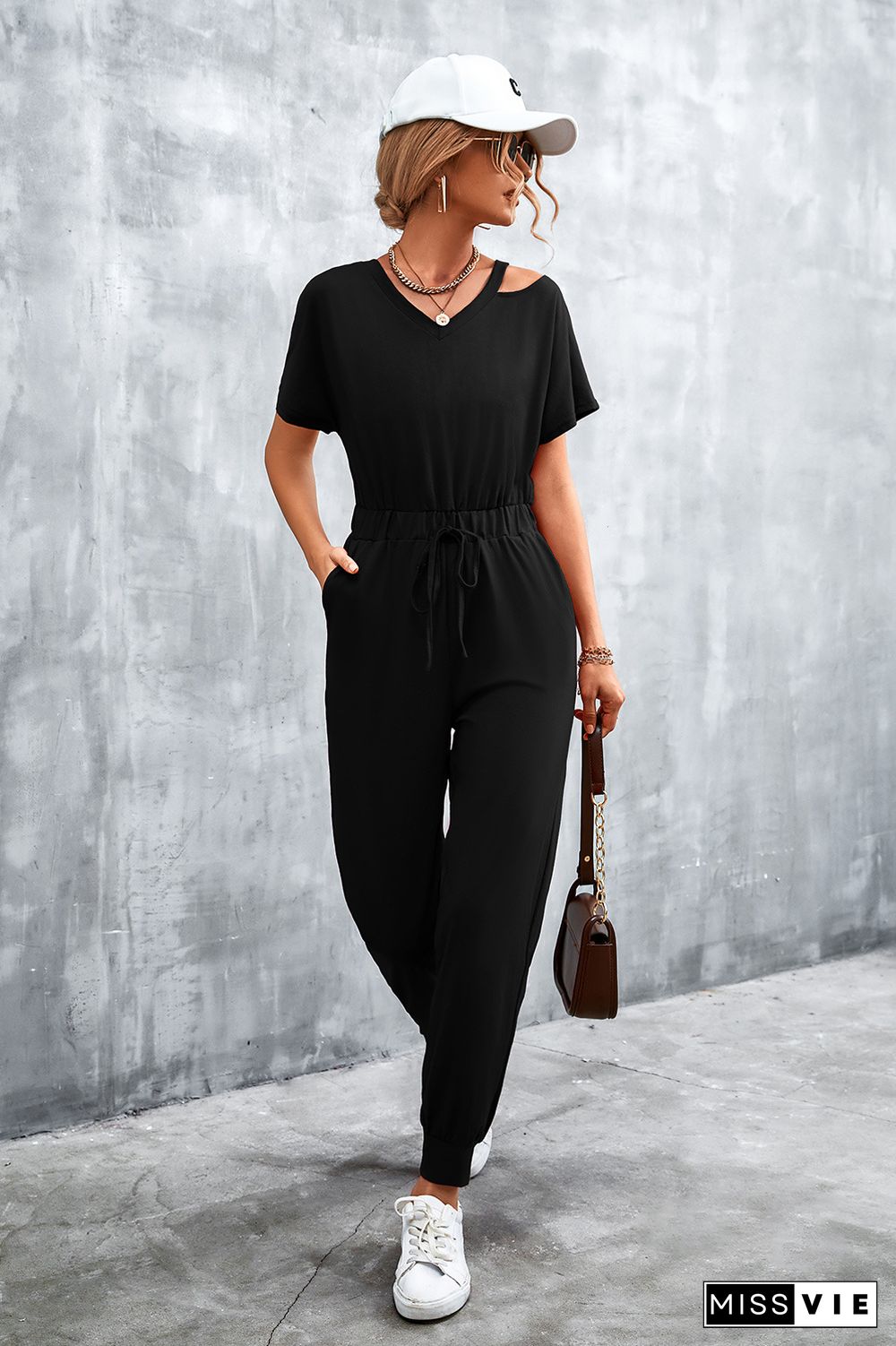 Cut Shoulder Drawstring Waist Sleeveless Jumpsuit