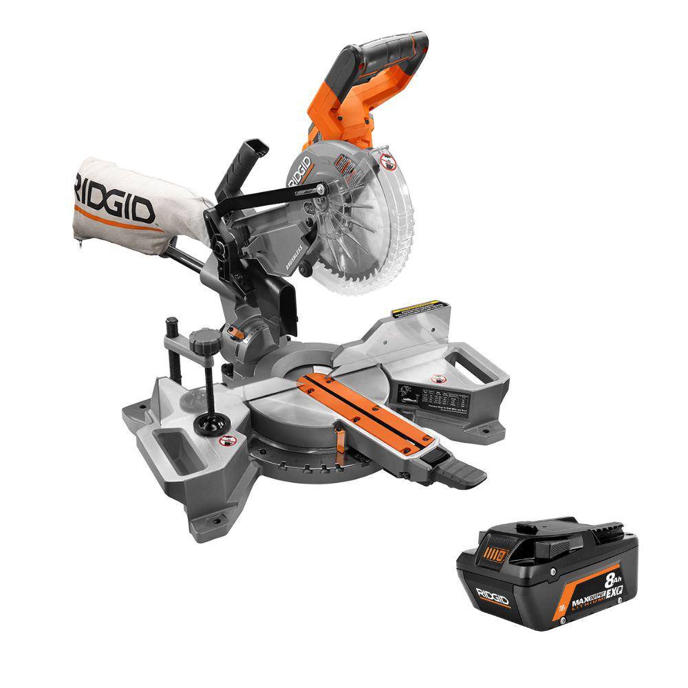 RIDGID 18V Brushless Cordless 7-14 in. Dual Bevel Sliding Miter Saw with 18V 8.0 Ah MAX Output EXP Lithium-Ion Battery R48607B-AC840080