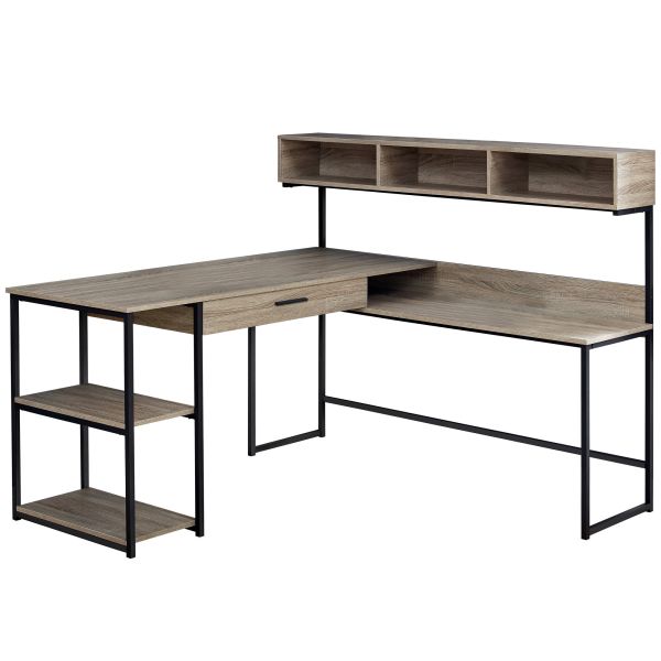 Computer Desk， Home Office， Corner， Storage Drawers， L Shape， Work， Laptop， Brown Laminate， Black Metal， Contemporary， Modern