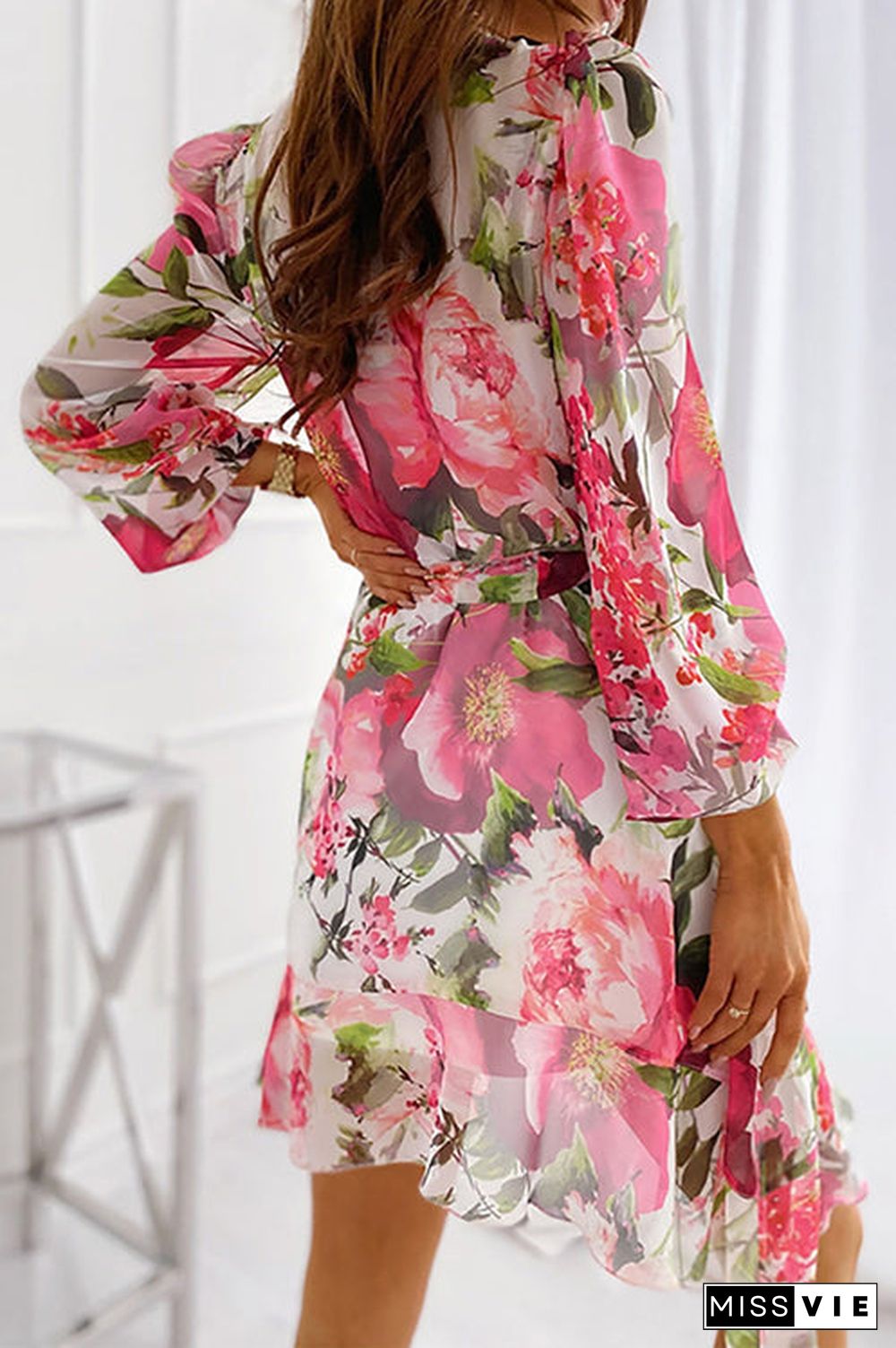 Floral Bleted Long Sleeve Mini Dress