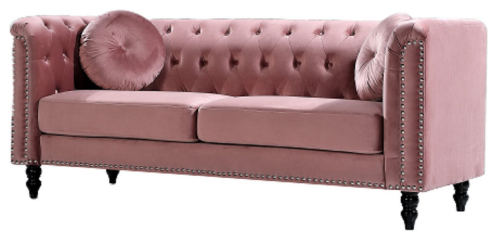 Elegant Sofa  Nailhead Trim  ampButton Tufted Back With 2 Pillows   Eclectic   Sofas   by Decorn  Houzz