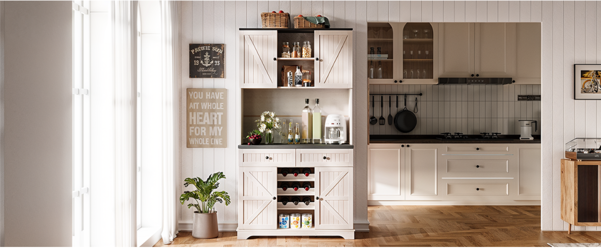 Kitchen Cabinet with Drawers, Wine Rack with Adjustable Shelves , 71 inches.