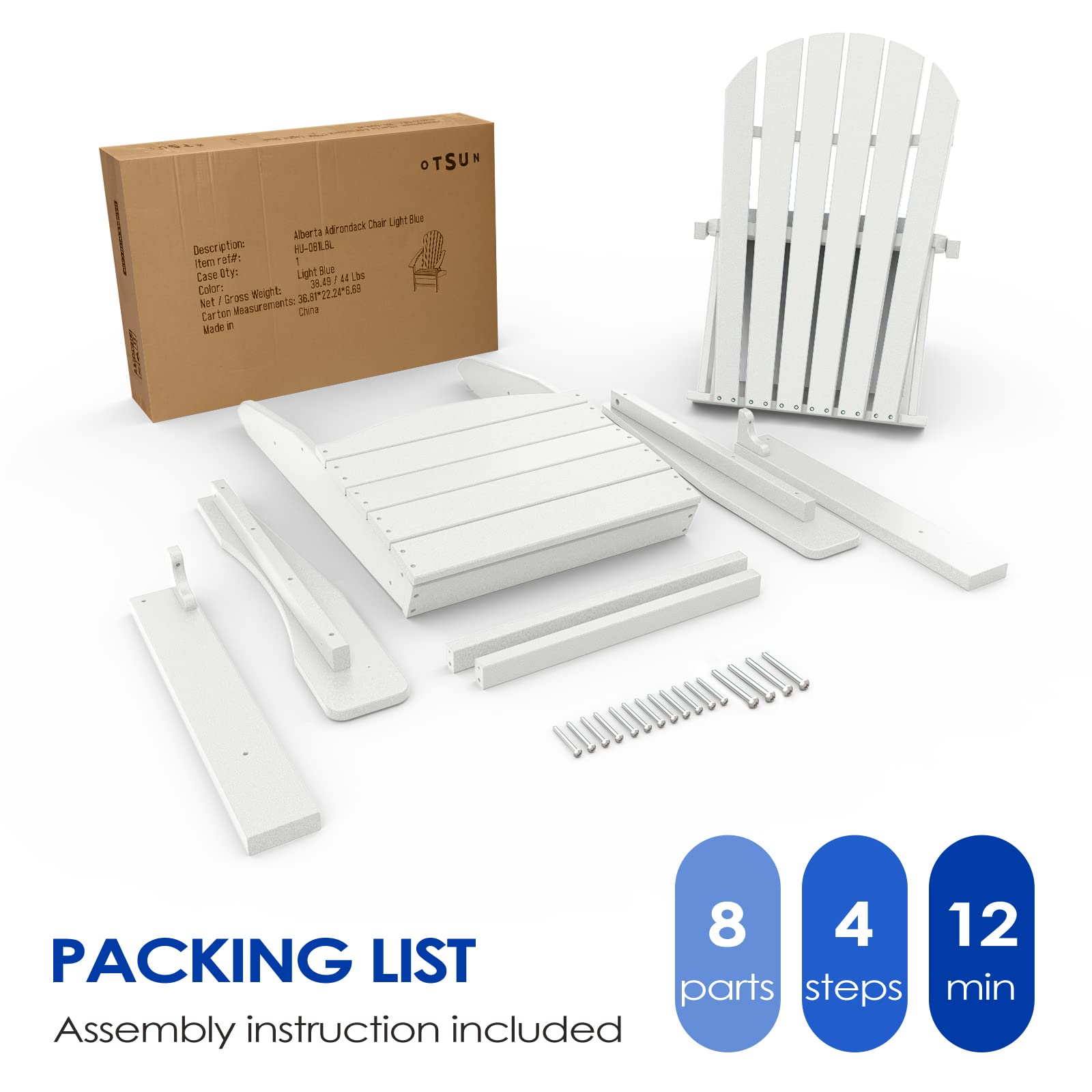 Otsun Polystyrene Adirondack Chairs, White All-Weather Lumber Armchair for Outdoor Yard & Patio