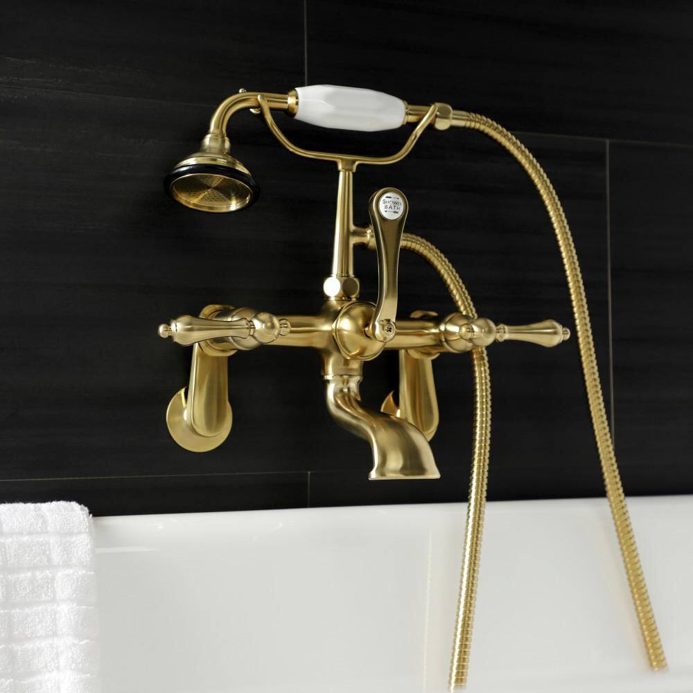 Kingston Brass Aqua Vintage 3-Handle Wall-Mount Clawfoot Tub Faucets with Hand Shower in Brushed Brass HAE51T7