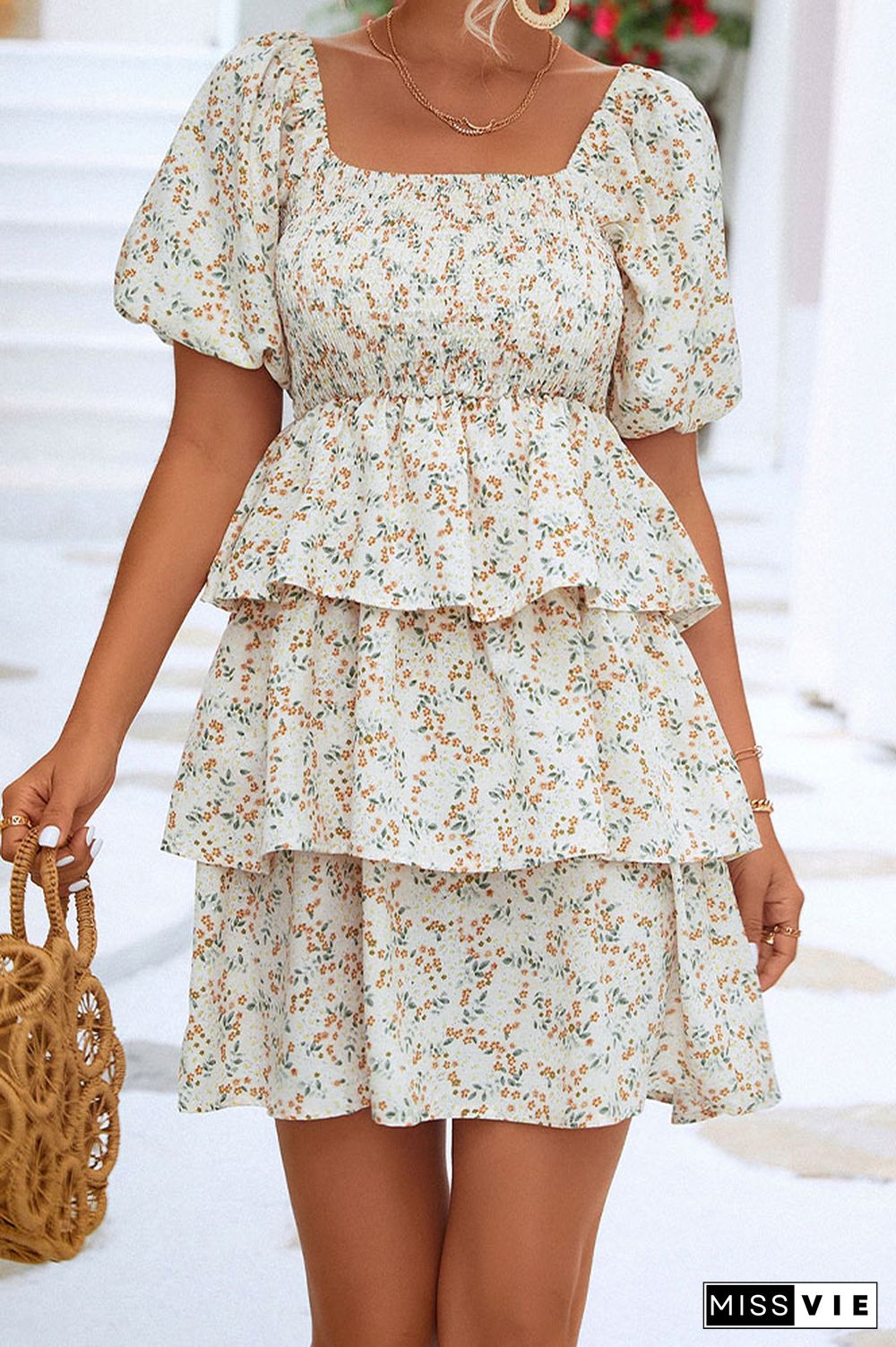 Smocked Square Neck Tiered Floral Dress