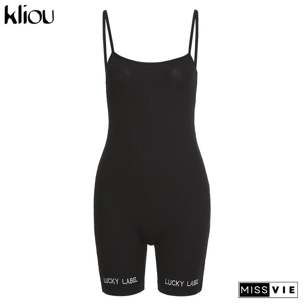 Kliou Suspenders Rompers Women Summer Playsuit Slash Neck Letters Embroidery Elastic Streetwear Ribbed Sleeveless Slim