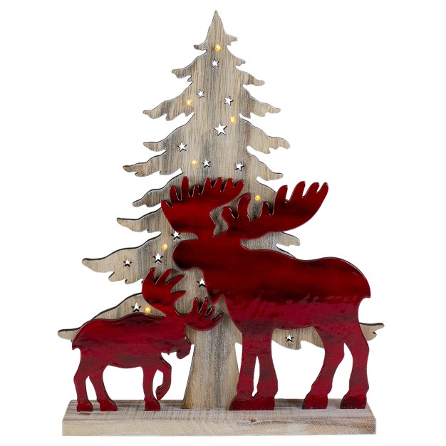 Lighted Red Moose And Christmas Tree Wooden Led Battery Operated Decoration