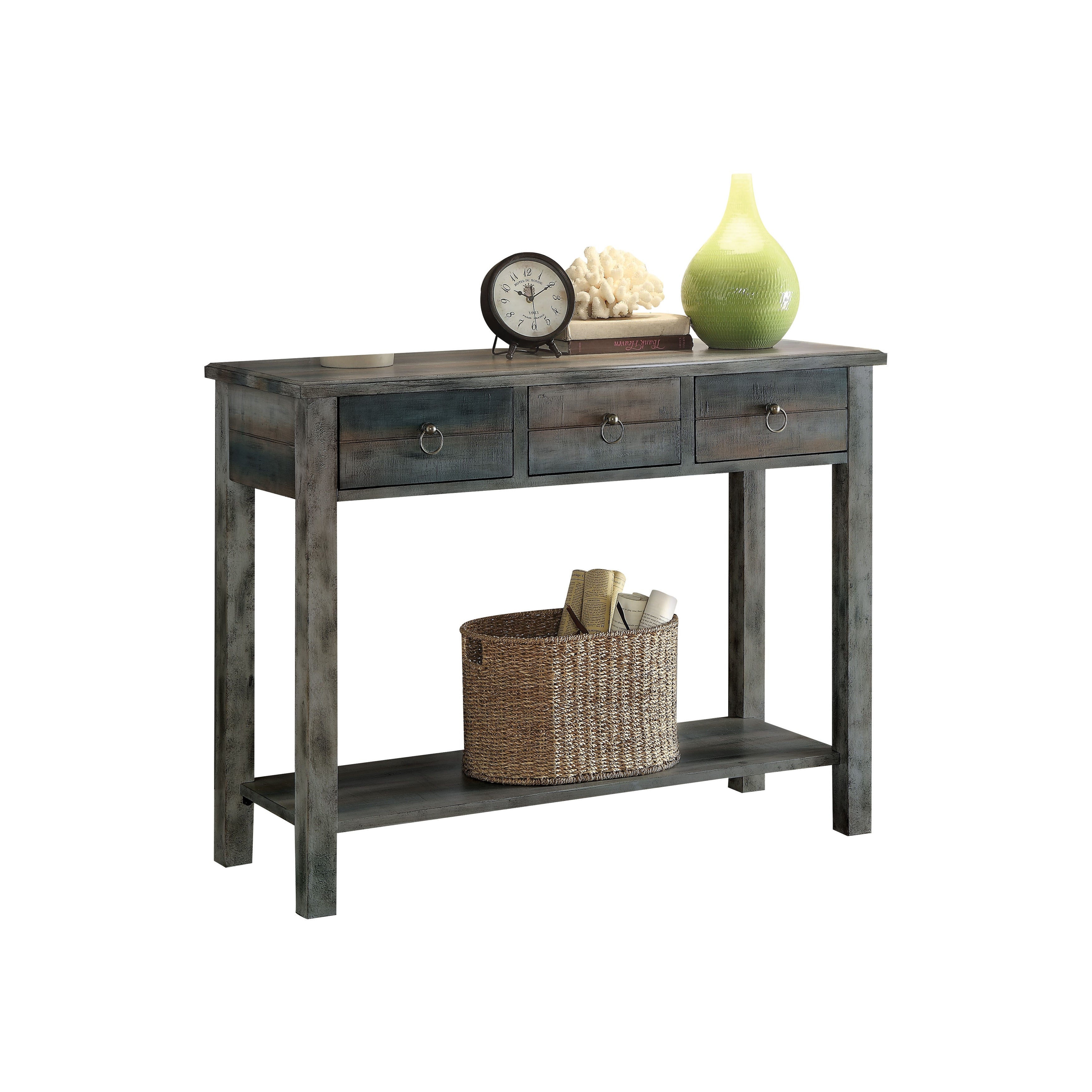 ACME Glancio Rectangular Console Table in Antique Gray and Teal