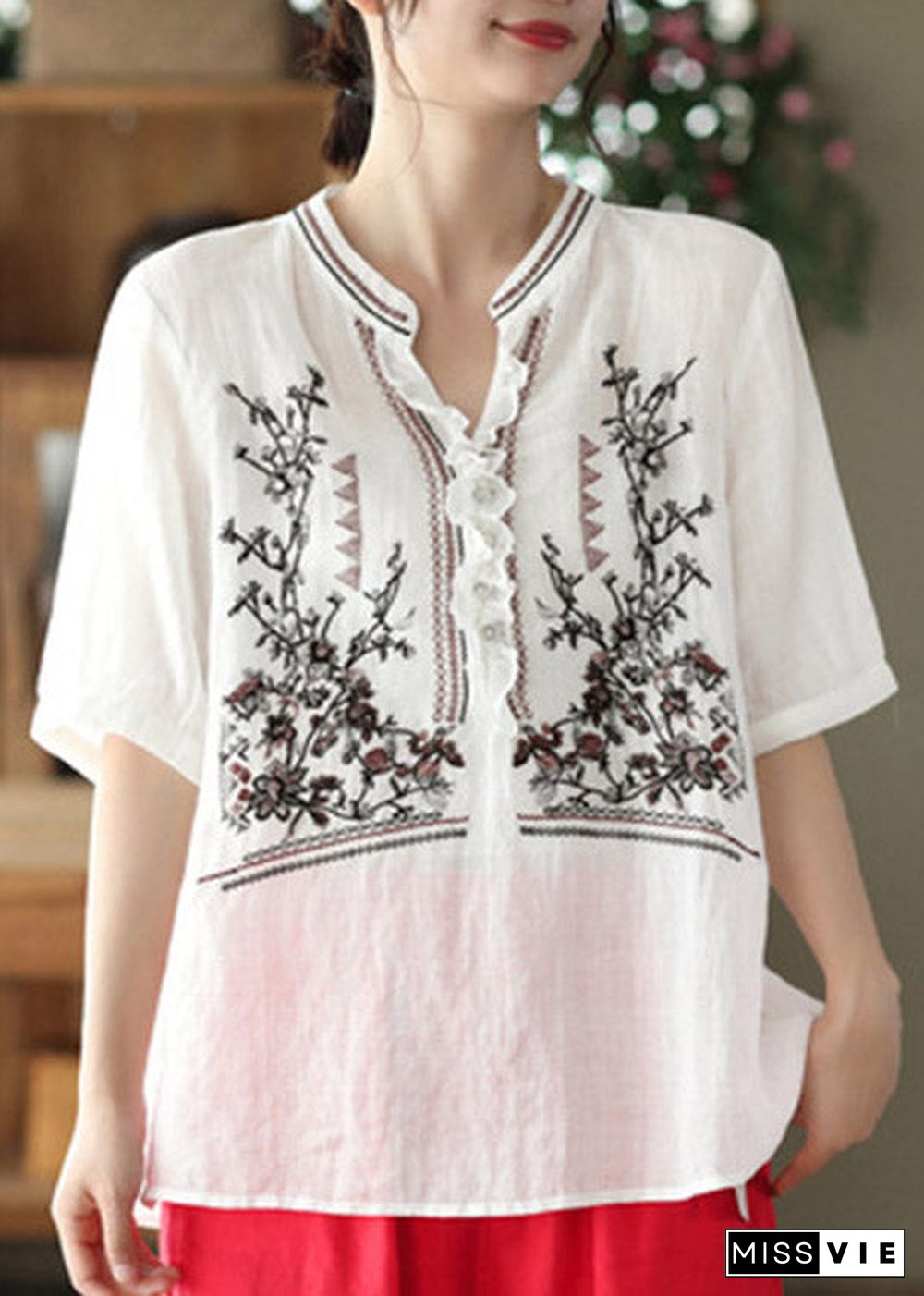 White Ruffled Button Linen T Shirt Short Sleeve