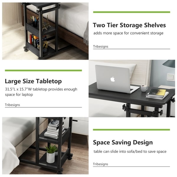 Brown/ Black Wood C-Shaped OverBed SideTable with Wheels， Industrial mobile Bed End Tables for Bedroom