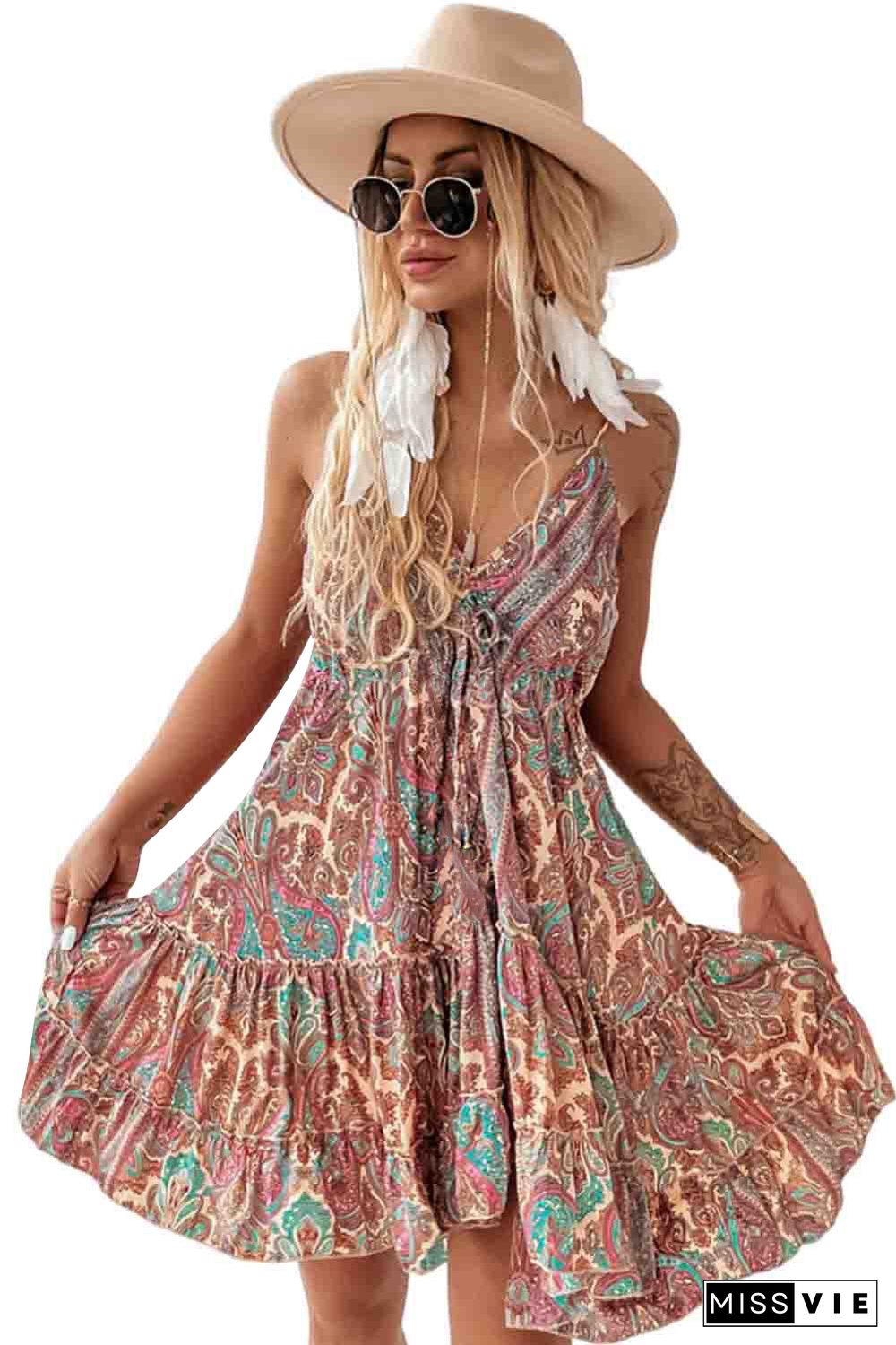 Brown Paisley Print Sleeveless V-Neck Tassel Tie Ruffle Dress