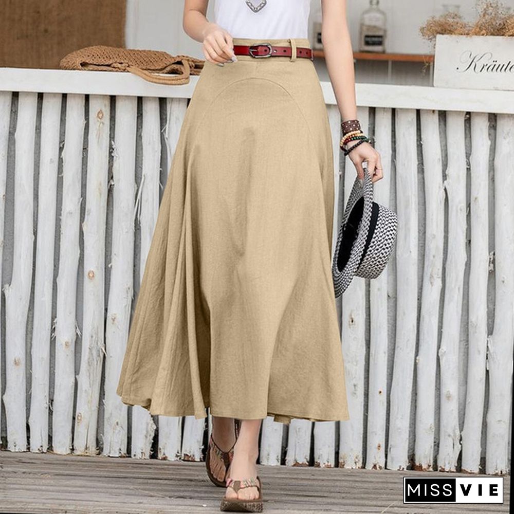 Plus Size Evening Cotton Skirt Midi Buttons Skirt Women Summer Fashion Elastic Waist Dress