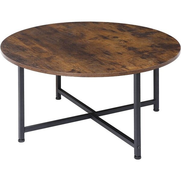 Modern Round Industrial Coffee Table with Rustic Brown Wood Top - 31.5