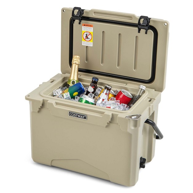 Costway 25 Qt Portable Cooler Rotomolded Ice Chest Insulated Ice Box For 5 7 Days Charcoal tan