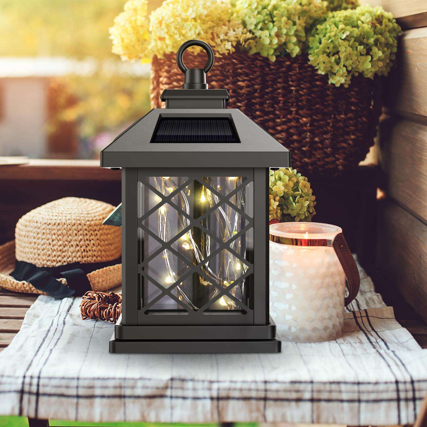 Feit 4 in. Solar Power Metal Square Coach Lantern Solar Lantern Black