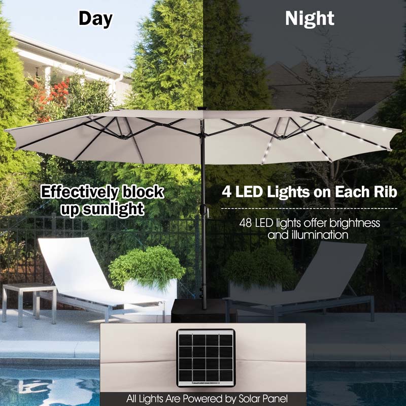 15 FT Double-Sided Patio Umbrella with 48 Solar Lights, Extra-Large Outdoor Twin Market Umbrella with Base