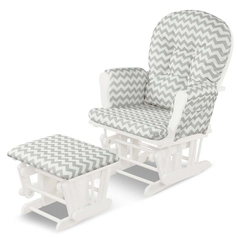 Glider Rocking Chair & Ottoman Set Solid Wood Baby Rocker Nursery Chair With Padded Cushions & Pockets