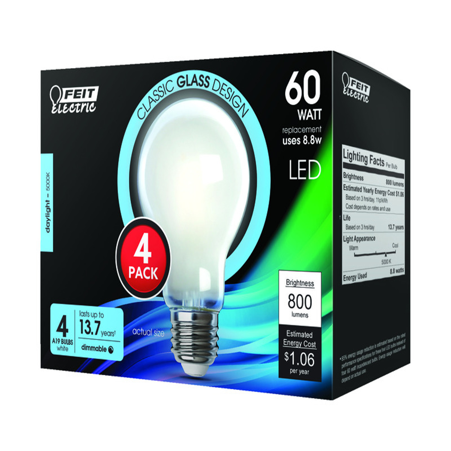 Feit A19 E26 (Medium) LED Bulb Daylight 60 Watt Equivalence 4 pk