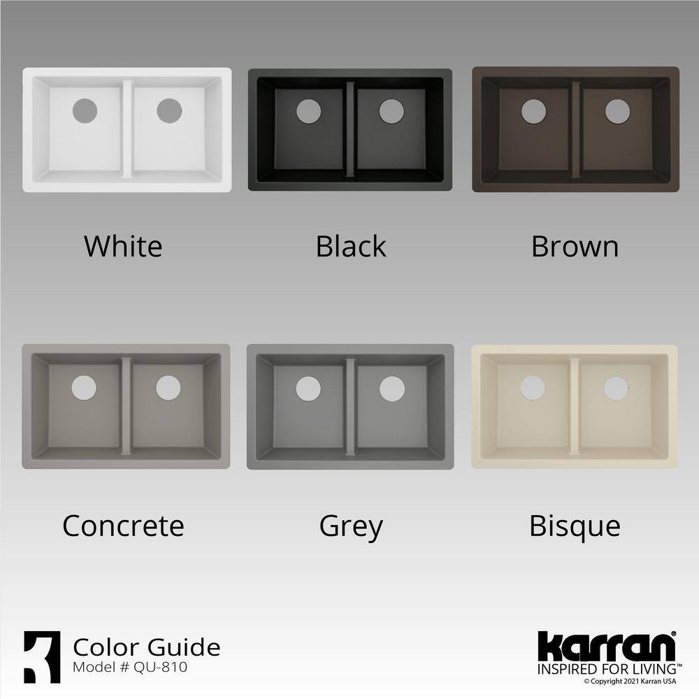 Karran Quartz White 32 in. 5050 Double Bowl Composite Undermount Kitchen Sink QU-810-WH