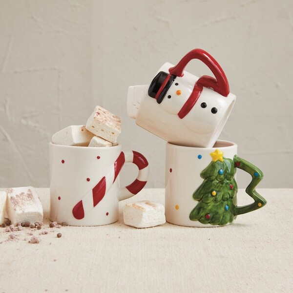 Stoneware Holiday Mugs with Shaped Handle，Set of 3